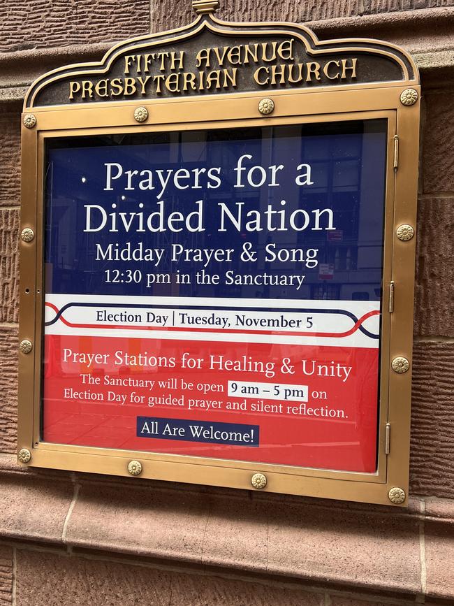 ‘Prayers for a divided nation’ at Fifth Avenue Presbyterian Church, NY. Picture: Yaron Finkelstein