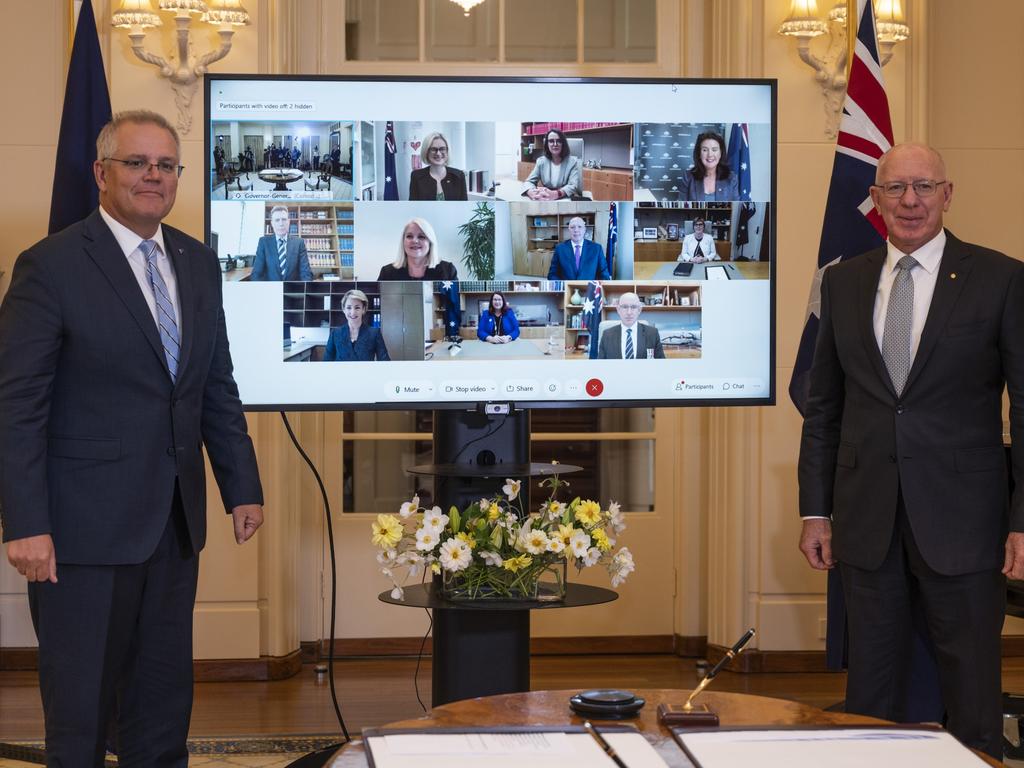 The PM at the swearing in of his new-look cabinet, which included promotions for a group of female ministers. Picture: NCA NewsWire / Martin Ollman