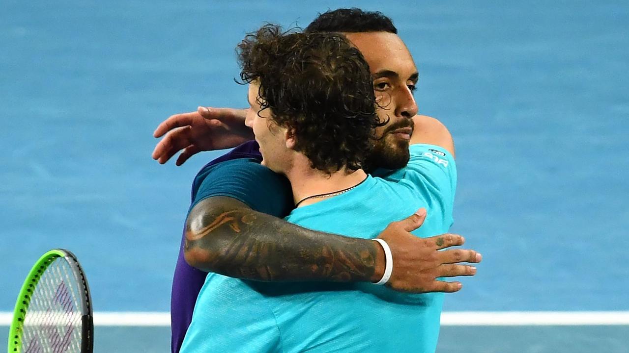 Nick Kyrgios congratulates Ugo Humbert after the match. Picture: AFP