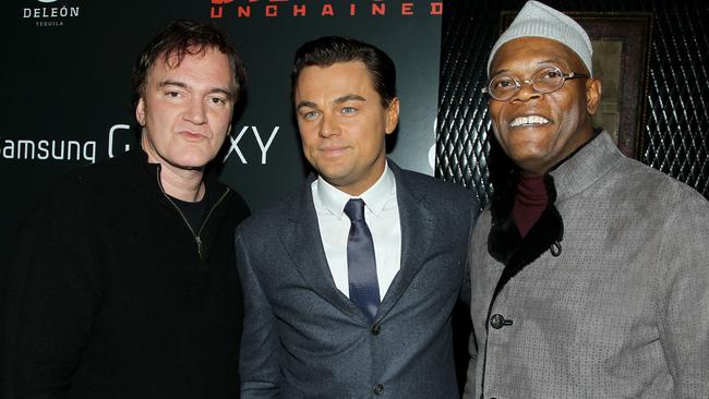 Quentin Tarantino, Leonardo DiCaprio and Samuel L. Jackson at a screening of Django Unchained.