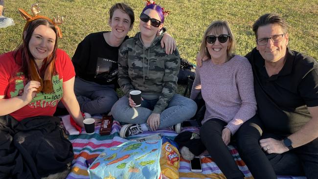 Ringwood North's Kate Boast, Lachlan Boast, Amy Galle, Lindy Boast and Shaun Boast at Manningham's 2022 Carols.