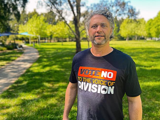 Matthew Sheahan wearing his No T-shirt outside Advance office in Canberra.