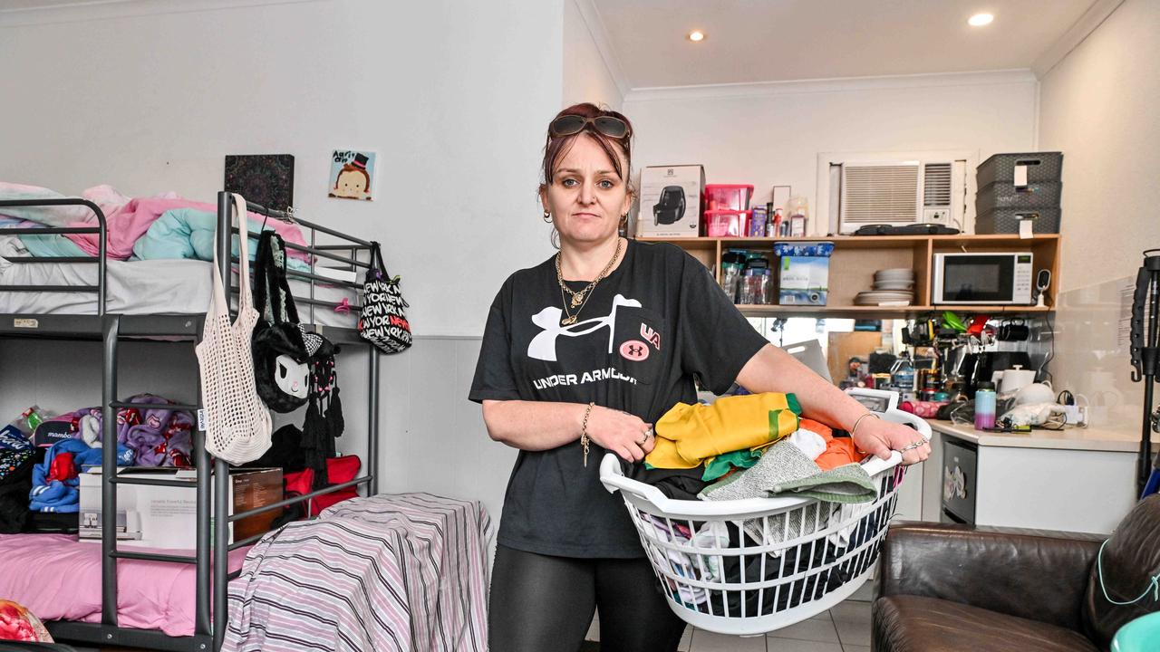 Angie in her single room emergency accommodation at Port Noarlunga Motel. Picture: Brenton Edwards