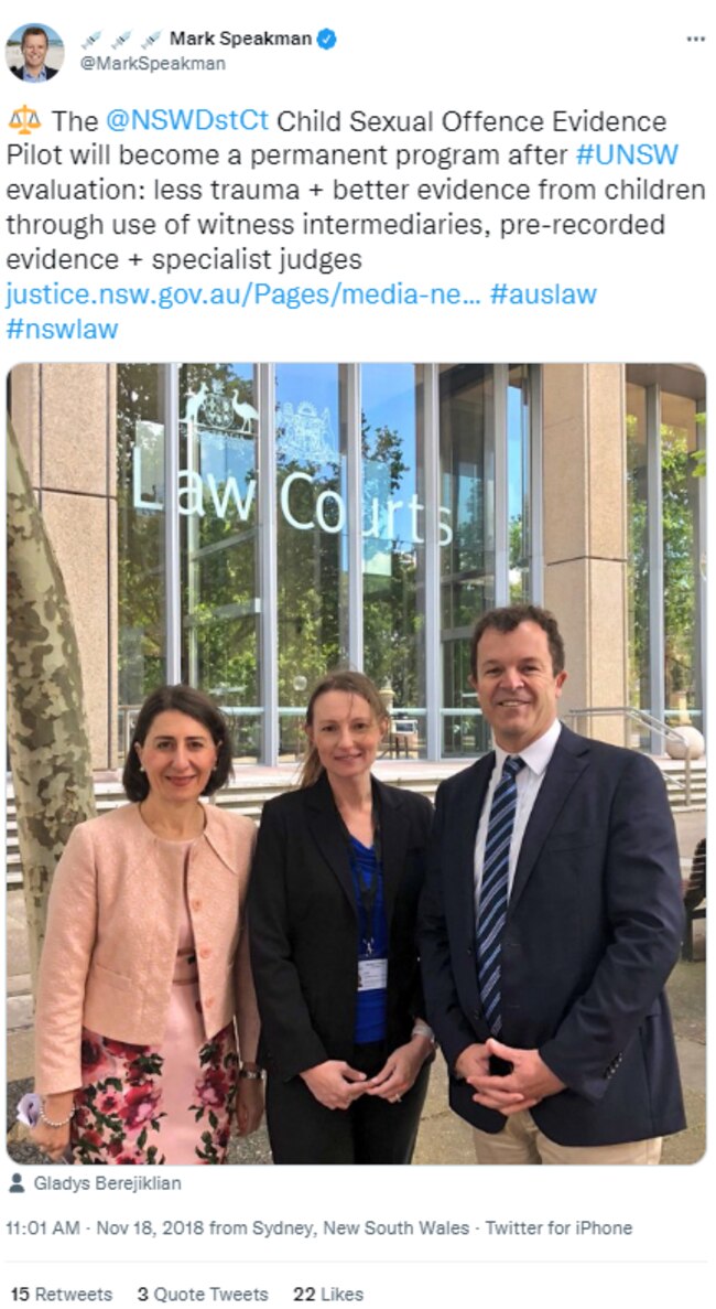 NSW Attorney-General Mark Speakman wrote in a tweet on November 18, 2018, that the program would become permanent. Picture: Twitter