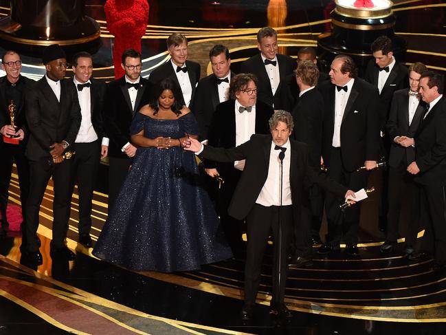 Producers of Best Picture nominee "Green Book" Peter Farrelly and Nick Vallelonga accepts the award for Best Picture with the whole crew on stage during the 91st Annual Academy Awards. Picture: AFP