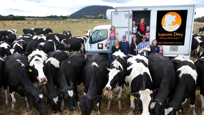 Inglenook Dairy at Dunnstown with Rachael Peterken. l/r Troy Peterken with Kiely Peterken on his shoulders), Rachael Peterken, Basil Britt, Sheila Britt, Karl Britt (holding baby Oscar Britt), Haley Peterken, and Jade Peterken. In the truck l/r Gina Britt, Laiken Teague and Max Peterken.