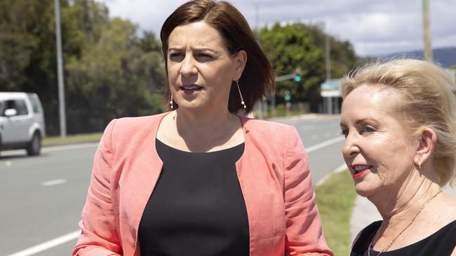 Queensland opposition LNP leader Deb Frecklington, left, visits Gooding Drive roundabout on the Gold Coast with Ros Bates MP. Picture: NCA NewsWire/Sarah Marshall