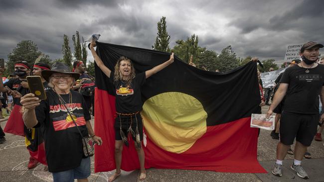 Demonstrations in front of Canberra’s Old Parliament House on Australia Day, 2022.