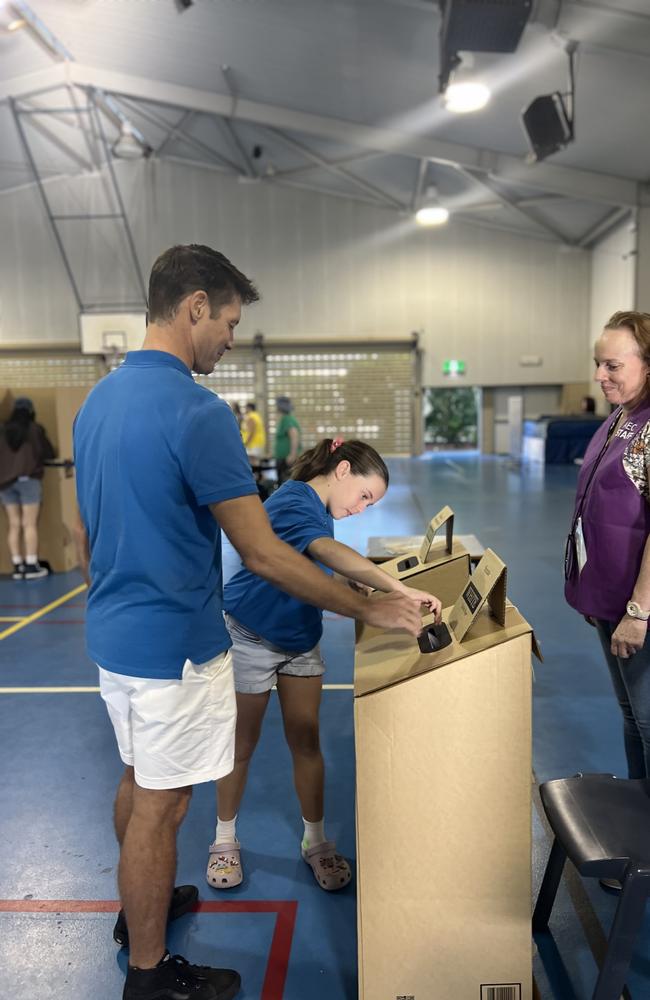 Voters including Phil Scott, Independent candidate for Solomon, arrive at the Parap Primary School to vote in the 2025 Federal Election on May 3, 2025. Picture: Fia Walsh