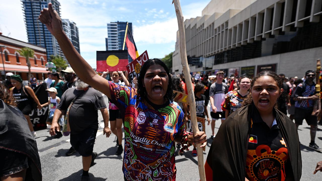 Protesters take part in an Invasion Day rally and march in Brisbane, coinciding with Australia Day. Picture: NCA Newswire / Dan Peled