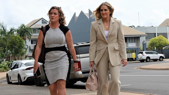 Channel 9 Darwin news reporter Georgie Dickerson (right) arrives at the Darwin Local Court with 9 News Darwin bureau chief Kathleen Gazzola on January 18, 2023. Dickerson stands charged with one count of impersonating a police officer. Picture: Jason Walls