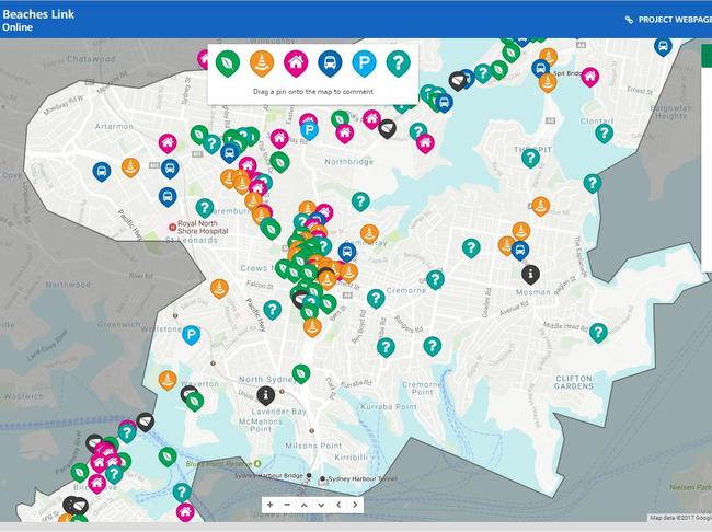 An RMS interactive map that lets people complain about the beaches link tunnel and western harbour tunnel projects.