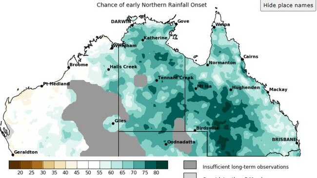 A Bureau of Meteorology graphic showing the chance of an early 2021-22 wet season onset.