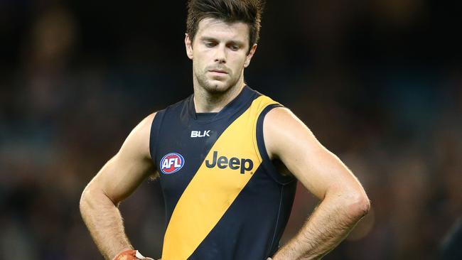 MELBOURNE, AUSTRALIA - APRIL 30: Trent Cotchin, captain of the Tigers reacts at full time after losing the round six AFL match between the Richmond Tigers and the Port Adelaide Power at Melbourne Cricket Ground on April 30, 2016 in Melbourne, Australia. (Photo by Scott Barbour/Getty Images)