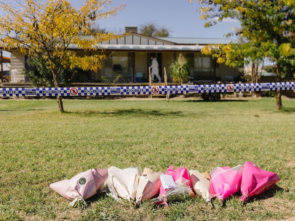 Floral tributes outside Ms Ticehurst’s home in Forbes. Picture: Hannah Hodgkinson