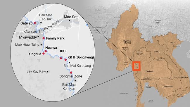 Scam complexes in the Myawaddy area, clustered along the Thai-Myanmar border. Artwork: Emilia Tortorella