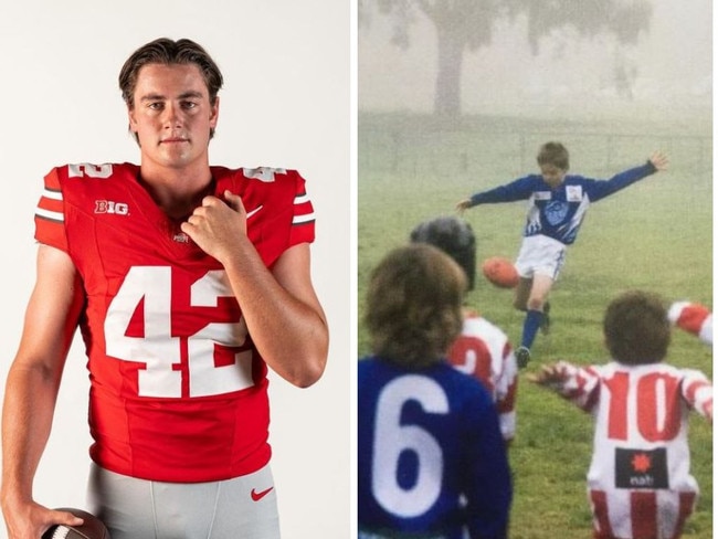 Joe now and as a kid kicking a Sherrin. Photos: Instagram