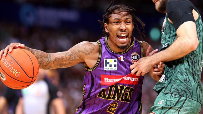 SYDNEY, AUSTRALIA - FEBRUARY 28:  Jaylen Adams of the Kings drives to the basket during the NBL Play-In Qualifier  match between Sydney Kings and New Zealand Breakers at Qudos Bank Arena, on February 28, 2024, in Sydney, Australia. (Photo by Mark Metcalfe/Getty Images)