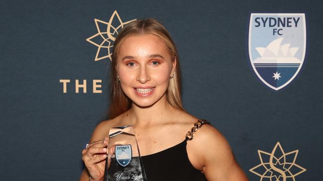 SYDNEY, AUSTRALIA - JUNE 10: Taylor Ray poses after receiving the Fujitsu Under 20 Player of the Year Award during the Sydney FC Sky Blue Ball at The Star on June 10, 2022 in Sydney, Australia. (Photo by Jason McCawley/Getty Images)