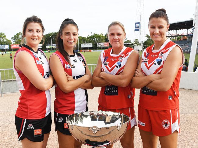 Southern Districts leaders Megan Craufurd and Lateesha Jeffrey, and Waratah leaders Lisa Roberts and Lauren O'Shea pictured ahead of the 2019-20 NTFL Women’s Grand Final. Picture: KATRINA BRIDGEFORD