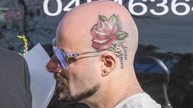 Exaven Desisto revealed the tattoo of his son Antonio’s name and a flower on Monday. Picture: NCA NewsWire/Simon Bullard