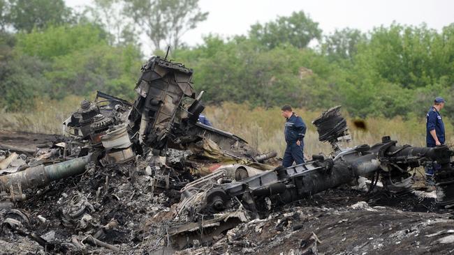 Rescuers inspect the crash site of a Malaysian airliner carrying 298 people from Amsterdam to Kuala Lumpur on July 18, 2014. Picture: AFP