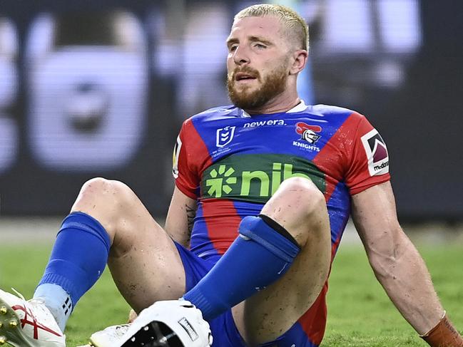 TOWNSVILLE, AUSTRALIA - MARCH 16: Jackson Hastings of the Knights looks dejected after losing the round two NRL match between North Queensland Cowboys and Newcastle Knights at Qld Country Bank Stadium, on March 16, 2024, in Townsville, Australia. (Photo by Ian Hitchcock/Getty Images)