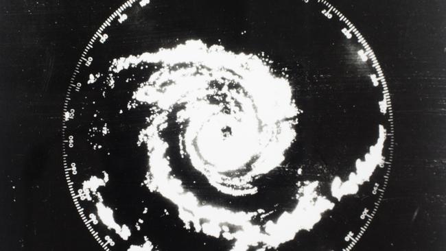 Cyclone Tracy seen in this radar picture taken at the Northern Territory Meteorological Bureau on December 25, 1974 Picture: Tom Lewis Collection / PictureNT