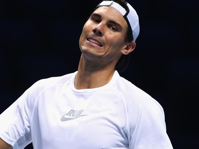 LONDON, ENGLAND - NOVEMBER 11:  Rafael Nadal of Spain shows his frustration during a training session prior to the Nitto ATP World Tour Finals at O2 Arena on  November 11, 2017 in London, England.  (Photo by Clive Brunskill/Getty Images)