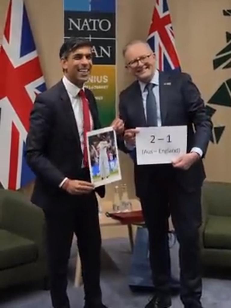 UK Prime Minister Rishi Sunak and Anthony Albanese share a laugh over the current Ashes cricket series. Picture: Twitter