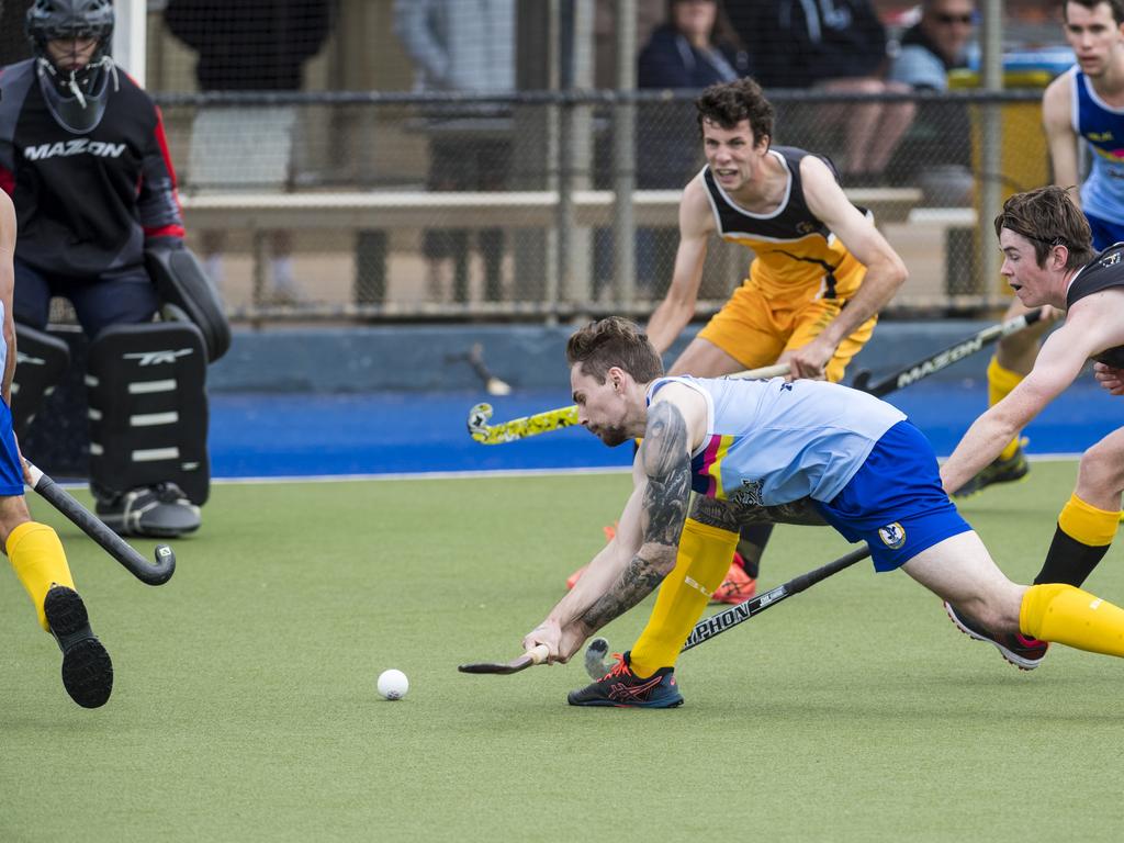 Brad Hobday of Toowoomba 1 against Sunshine Coast in Hockey Queensland Championships at Clyde Park, Sunday, May 2, 2021. Picture: Kevin Farmer