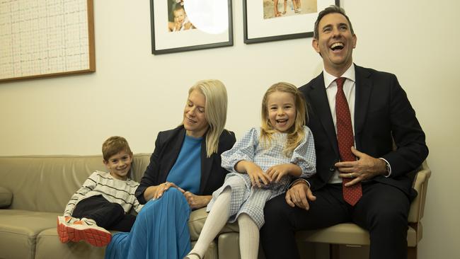 Treasurer Jim Chalmers with his wife Laura and children Leo and Annabel prior to his handing down the 2022 federal budget. Picture: NCA NewsWire / Gary Ramage