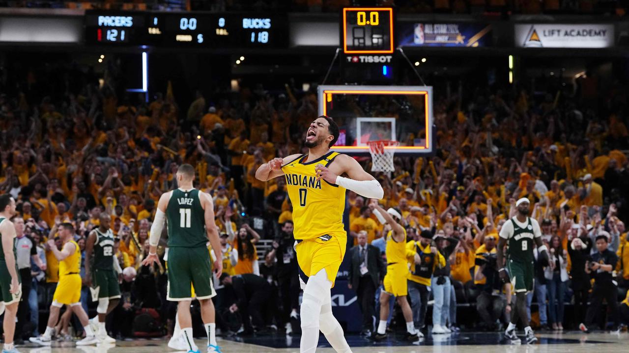 Tyrese Haliburton celebrates after beating the Milwaukee Bucks 121-119 in overtime. Dylan Buell/Getty Images/AFP