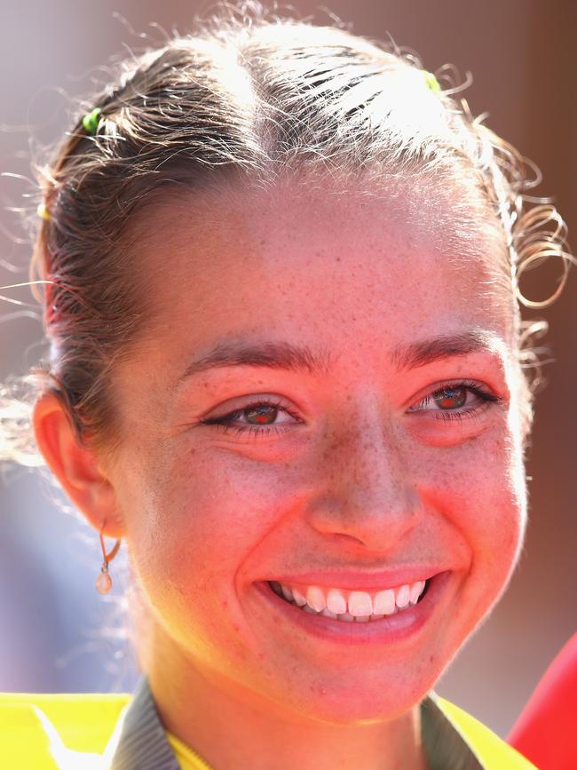 Jemima Montag after she won gold in the women’s 20km race walk final. Picture: Getty