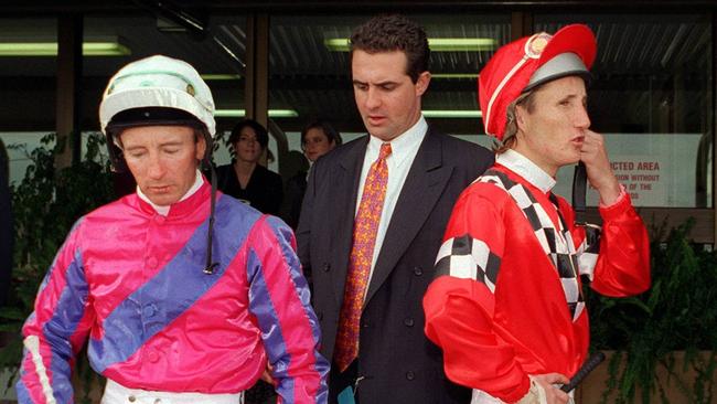 Mick Dittman, Michael Freedman, and Damien Oliver prior to the running of the Navy Day Handicap at Flemington in 1995.