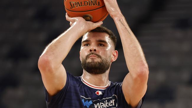 MELBOURNE, AUSTRALIA - NOVEMBER 17: Isaac Humphries of the Adelaide 36ers warms up before the round nine NBL match between Melbourne United and Adelaide 36ers at John Cain Arena, on November 17, 2024, in Melbourne, Australia. (Photo by Darrian Traynor/Getty Images)