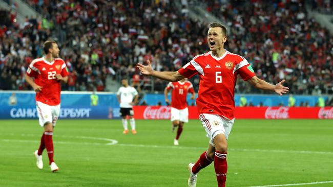 Denis Cheryshev celebrates after scoring Russia's second goal during the Egypt clash. Picture: Getty