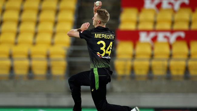 Fats bowler Riley Meredith made a huge impresison on debut for Australia against New Zealand in Wellington on Wednesday. Picture: Marty Melville / AFP