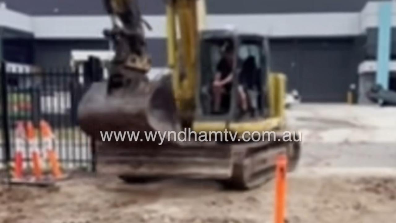 Man goes on wild rampage with excavator in an industrial estate in Truganina, Melbourne. Picture: Wyndham TV/Facebook