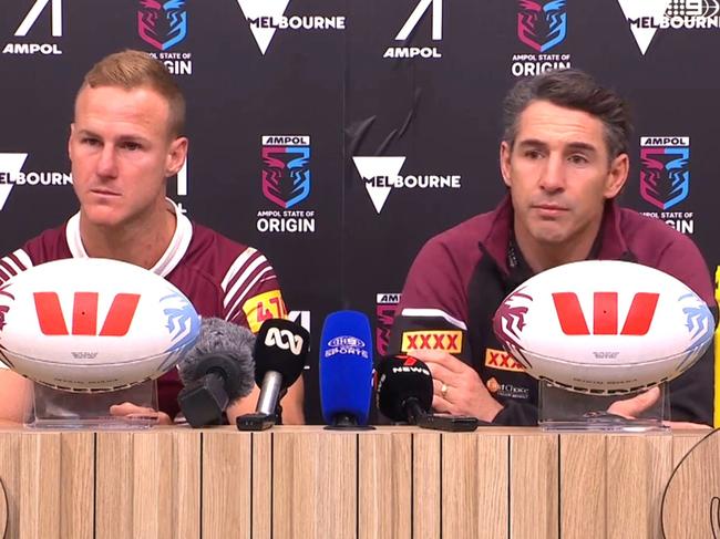 Billy Slater and Daly Cherry-Evns faced the press after the Game 2 loss. Photo: Channel 9.