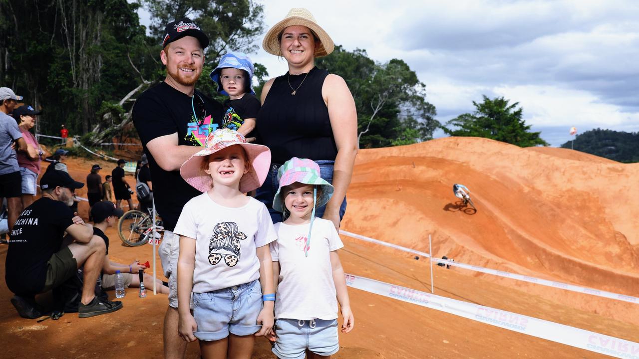 Keen mountain biker Jamie Scarborough took his children Tate Scarborough, 2, Lucy Scarborough p, 6, Ella Scarborough, 4, and partner Aysha Koops along to the Crankworx Cairns mountain bike festival to watch the Speed &amp; Style competition at the Smithfield Mountain Bike Park. Picture: Brendan Radke