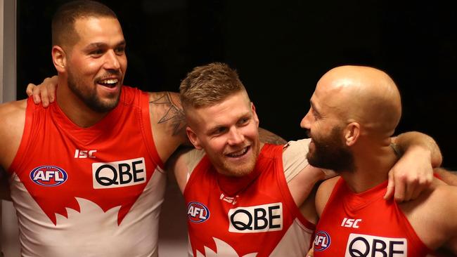 Lance Franklin, Dan Hannebery and Jarrad McVeigh of the Sydney Swans.