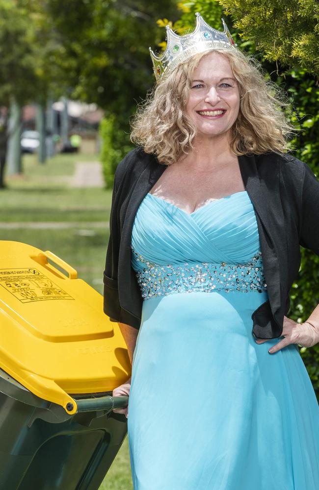 Hervey Bay kindergarten teacher Danielle Askew started the global phenomenon of dressing up to take your bins out during the Covid lockdown. Picture Lachie Millard