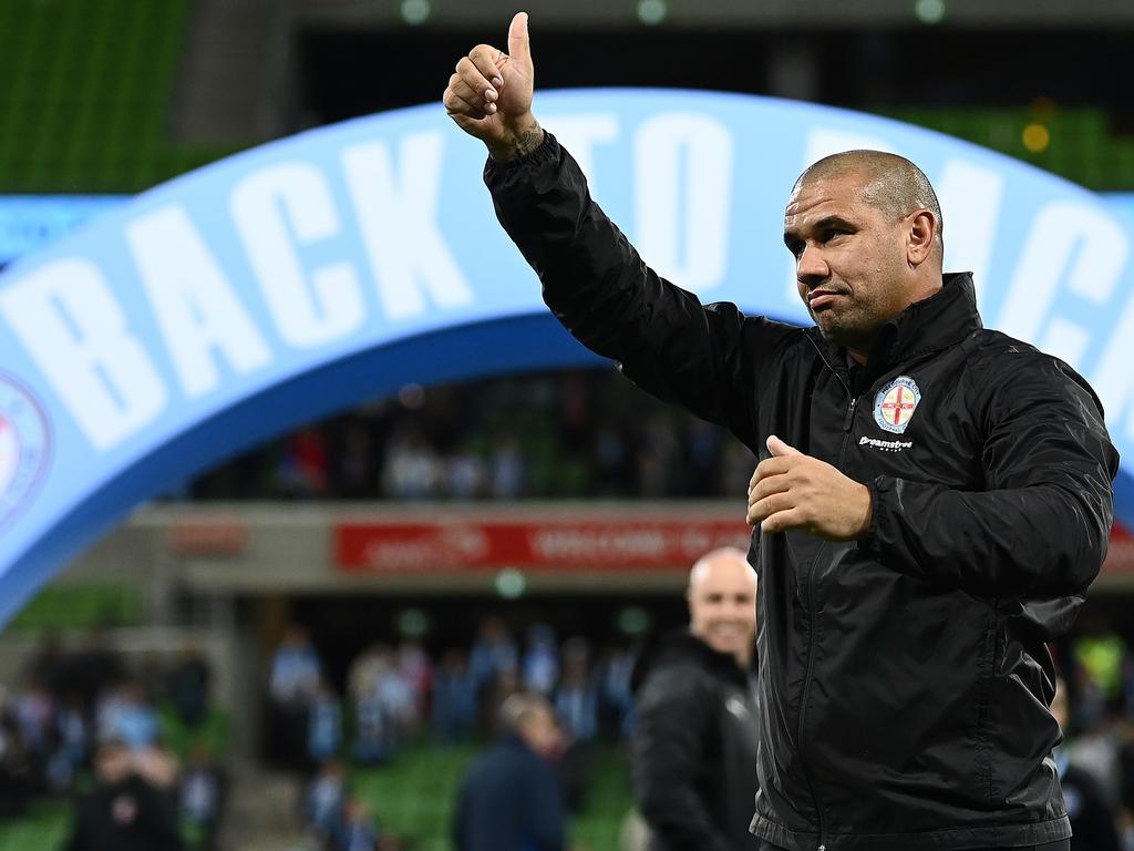 Melbourne City coach Patrick Kisnorbo celebrates his team winning the A-League premiership. Picture: Quinn Rooney/Getty Images