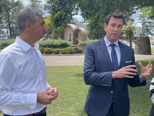 Burleigh Heads MP Hermann Vorster and Police Minister Dan Purdie at Burleigh Heads when they made the election commitment to establish a police beat.