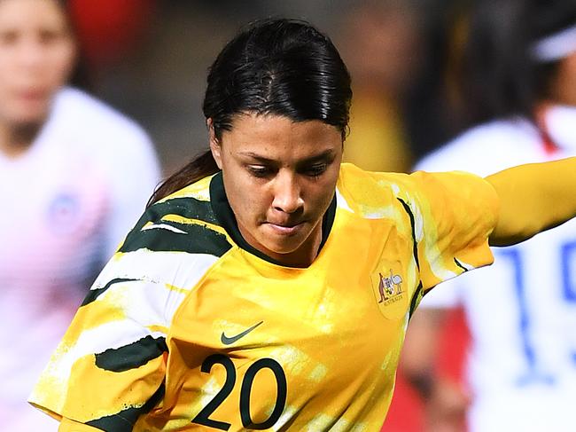 ADELAIDE, AUSTRALIA - NOVEMBER 12: Sam Kerr of the Matildas takes a penalty during the International friendly match between the Australian Matildas and Chile at Coopers Stadium on November 12, 2019 in Adelaide, Australia. (Photo by Mark Brake/Getty Images)