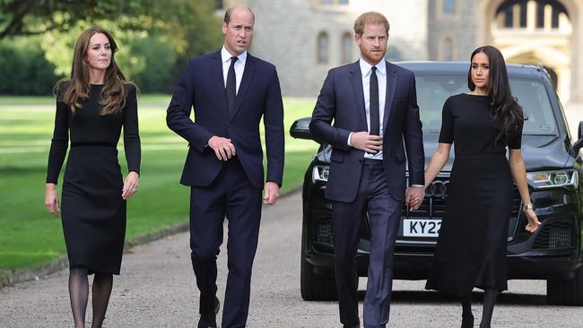 Catherine, Princess of Wales, Prince William, Prince of Wales, Prince Harry and Meghan arrive to view flowers and tributes to HM Queen Elizabeth in 2022. Picture: Getty Images.