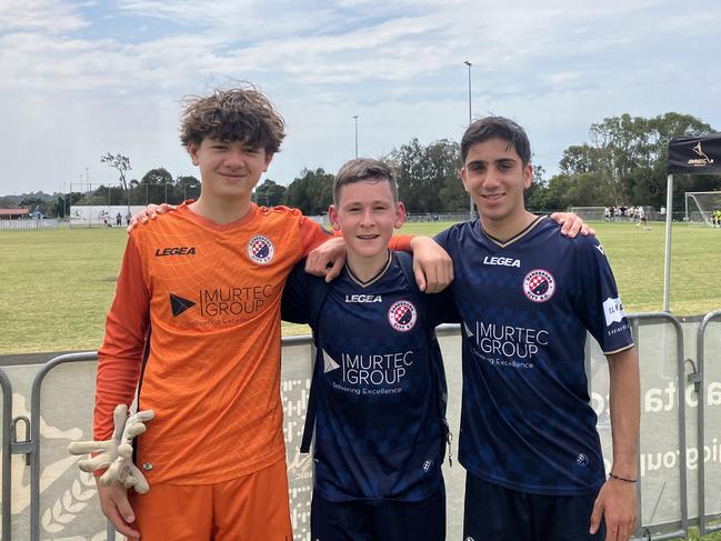 Premier Invitational football 2024. Pictured: Ace Vitale, Louka Zagoudis and Orlando Perez Dandenong City under 14