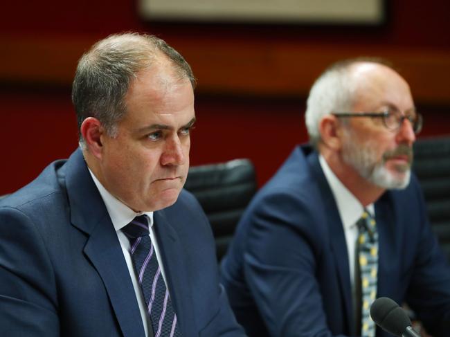 ABC Managing Director David Anderson and former ABC editorial director Alan Sunderland (right) appearing before Senate Estimates together in 2019. Picture: John Feder