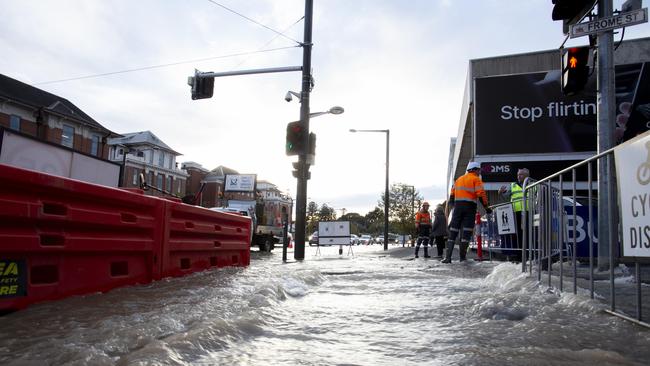 Burst water main at the intersection of North Terrace and Frome Rd. Picture: Brett Hartwig